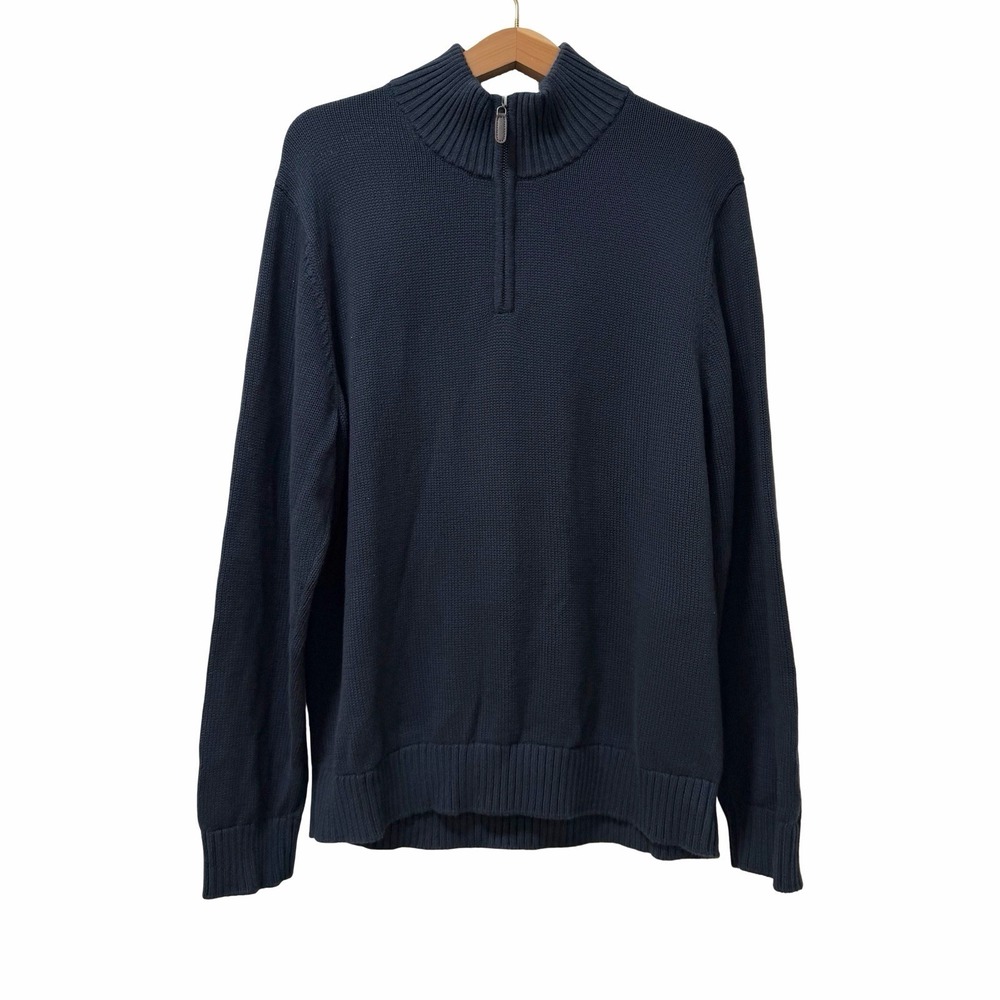 LL Bean Mens 1/4 Zip Thick Cotton Pullover Sweater Size L Navy Outdoor Layers